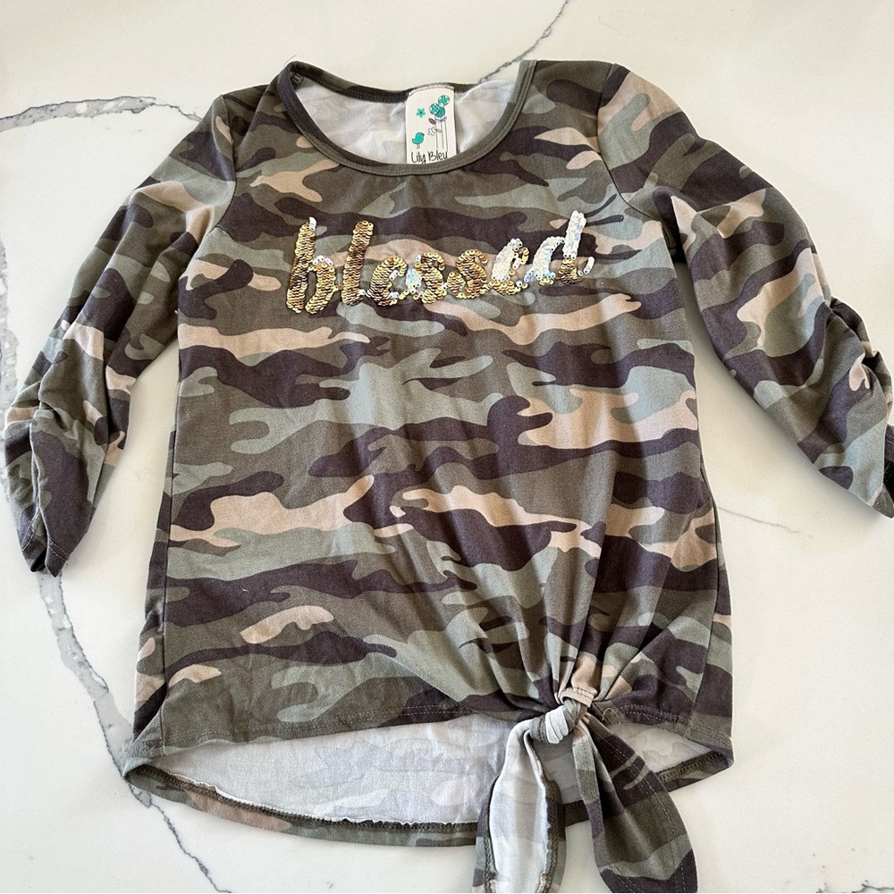 Lily Bleu Girls T Shirt Camo Green Sequin "Blessed"